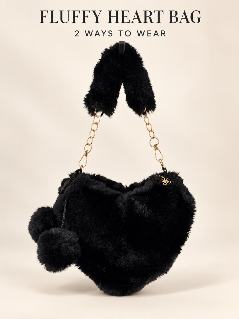 Black Faux Fur Fluffy Mini Heart Bag with Pom-Poms & Gold Crossbody Chain NWOT